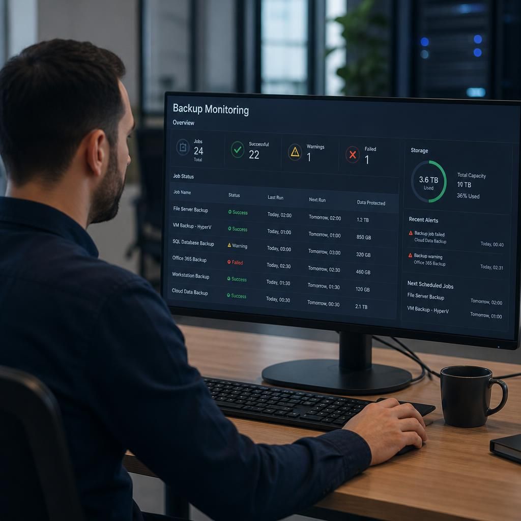 Technician reviewing backup status on a computer monitor