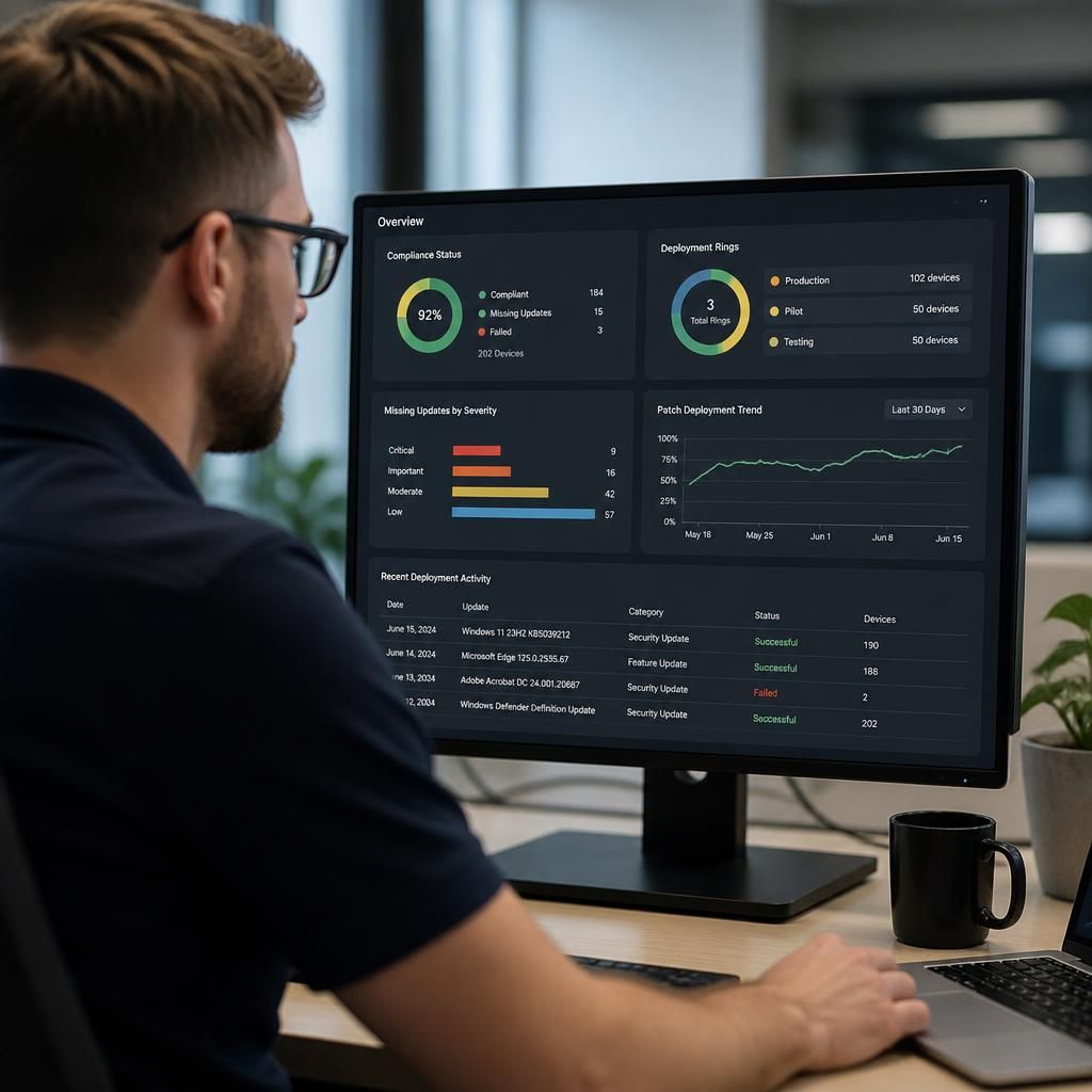 IT technician reviewing patch deployment status on a monitoring dashboard