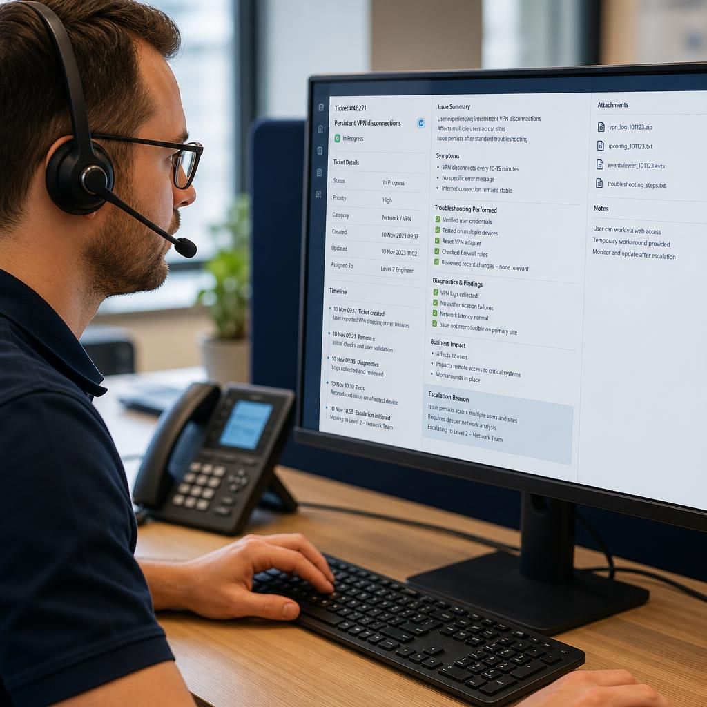 Technician reviewing a remote support ticket with diagnostic notes and escalation details