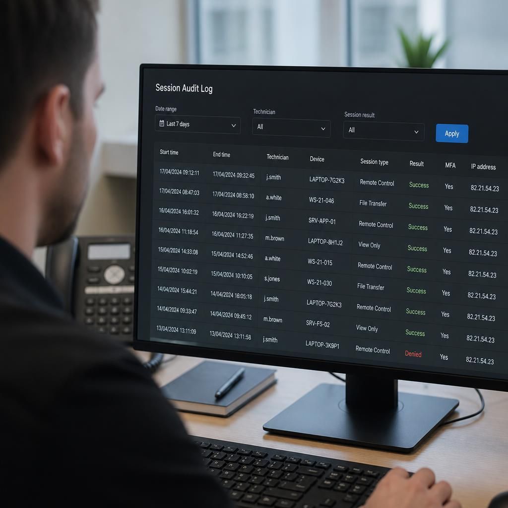 Computer screen showing a remote support session audit log