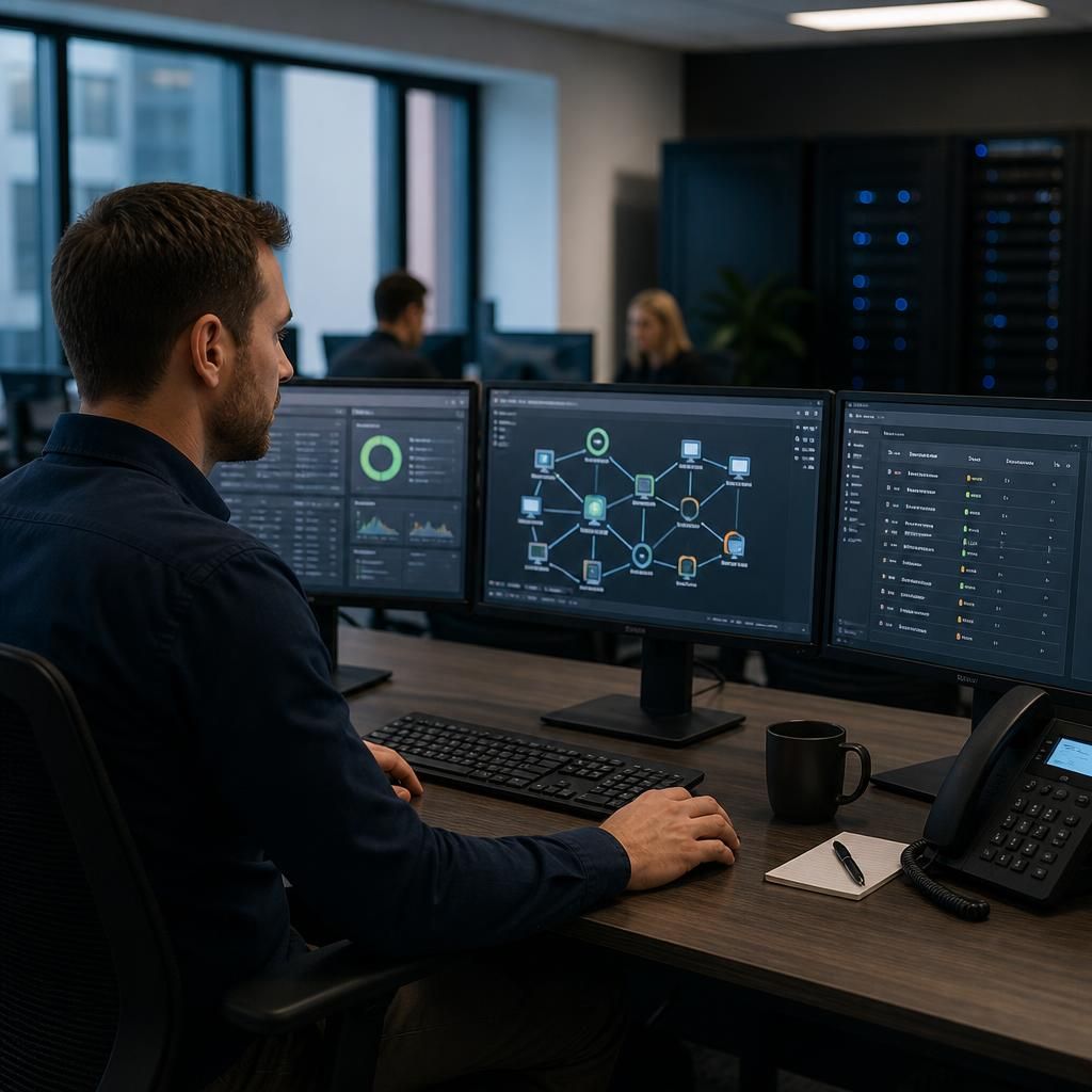 IT professional reviewing a dashboard of connected computers and network devices