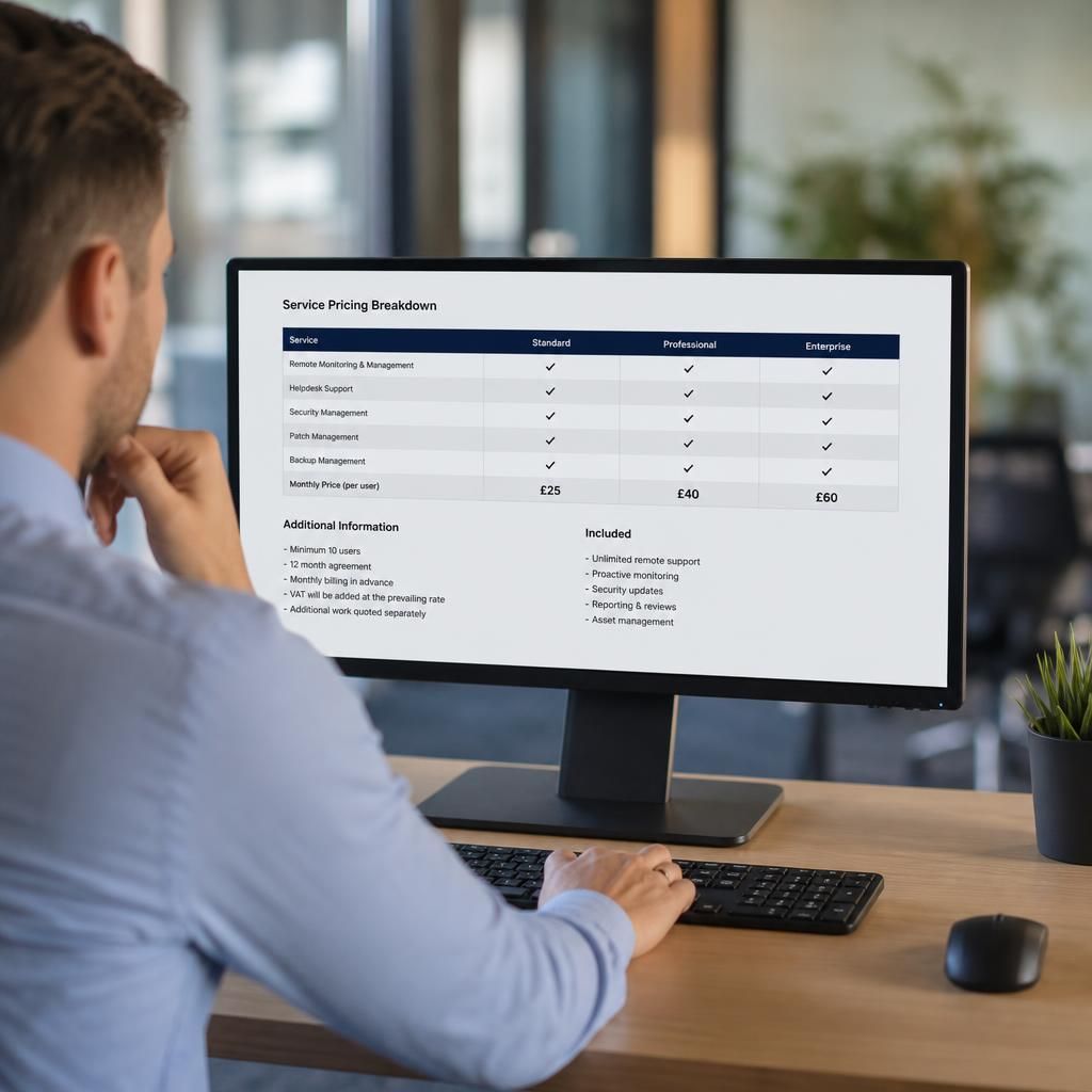 Computer screen displaying a remote IT support service pricing breakdown