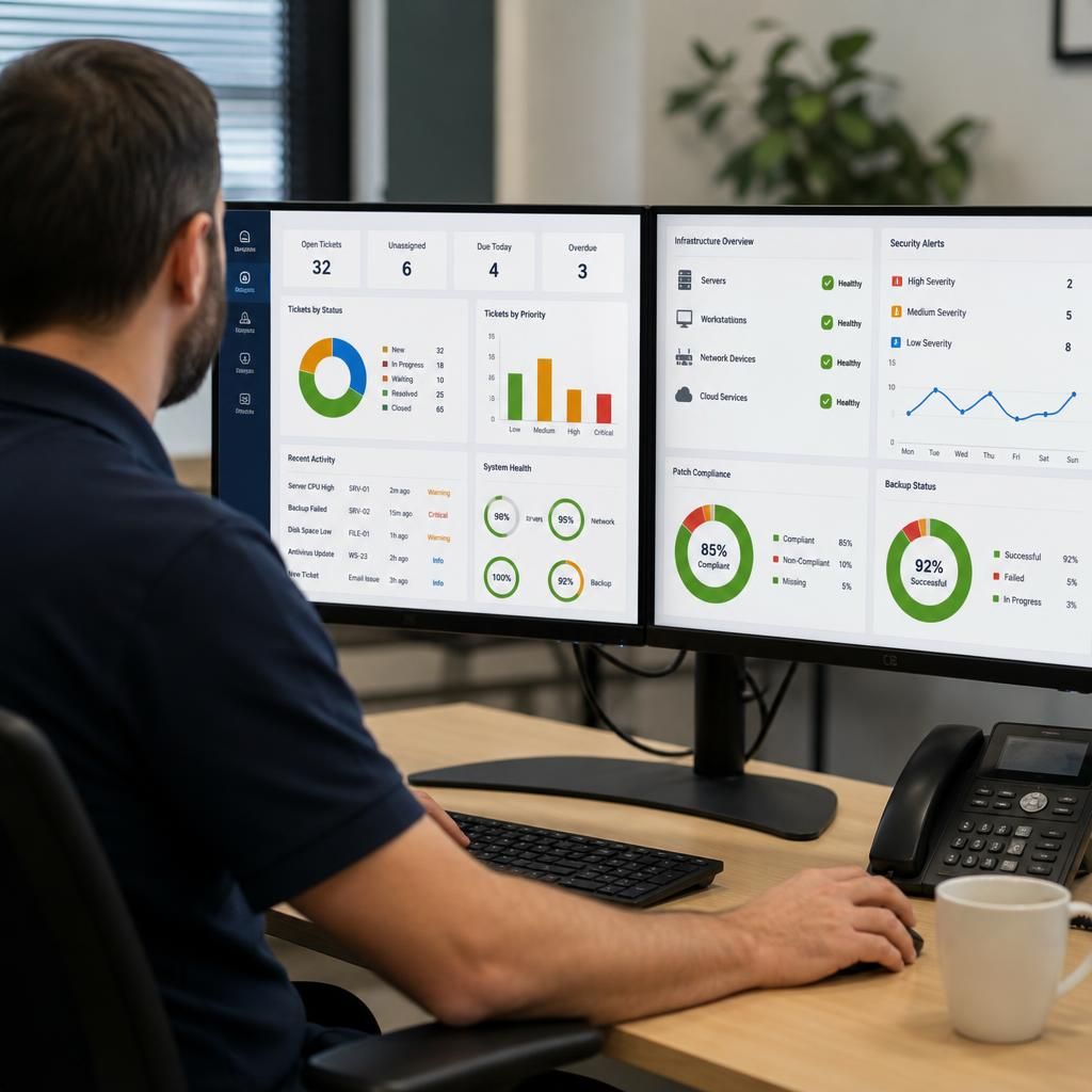 IT service dashboard showing support tickets, system health and security alerts