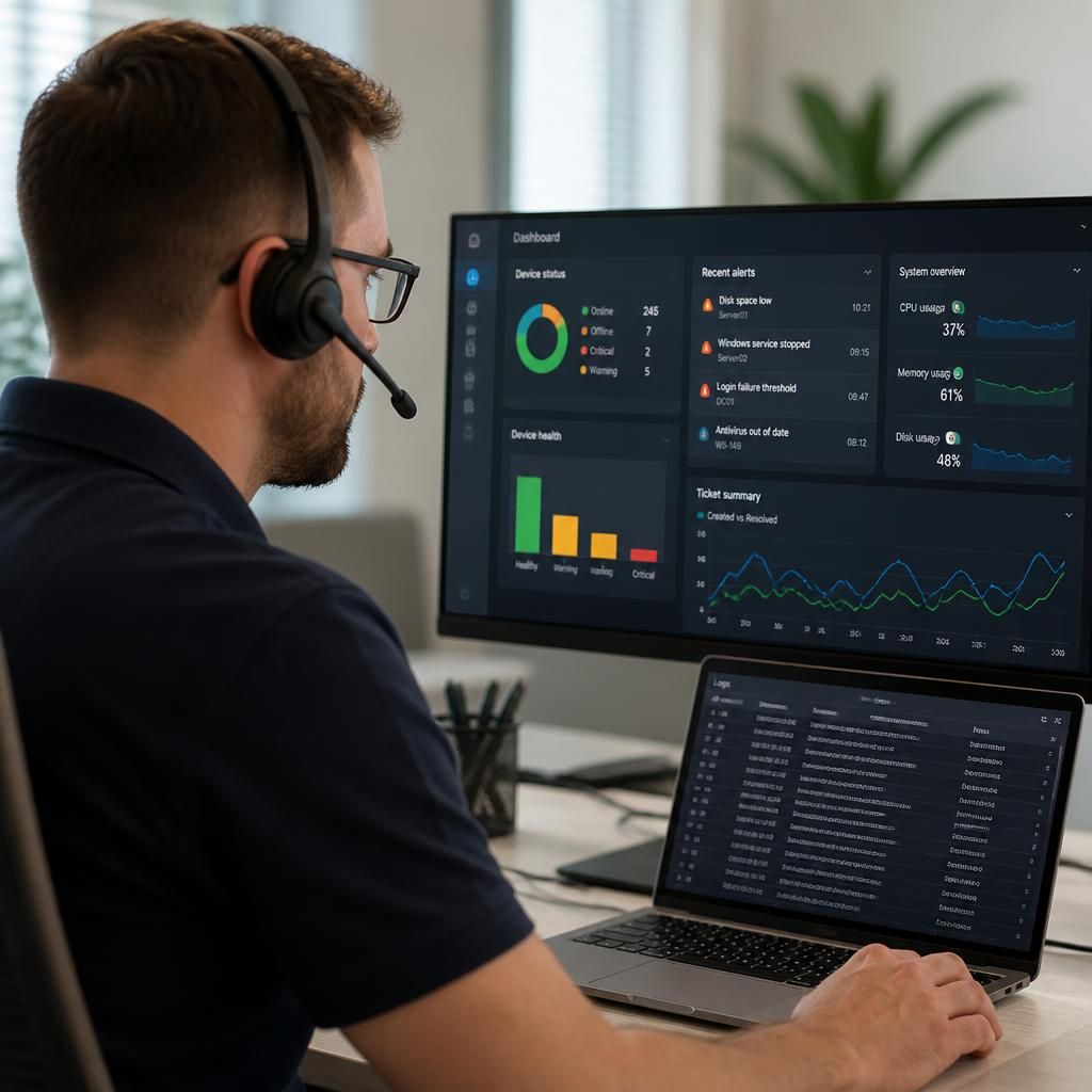 Technician reviewing device alerts and system logs on a remote support dashboard