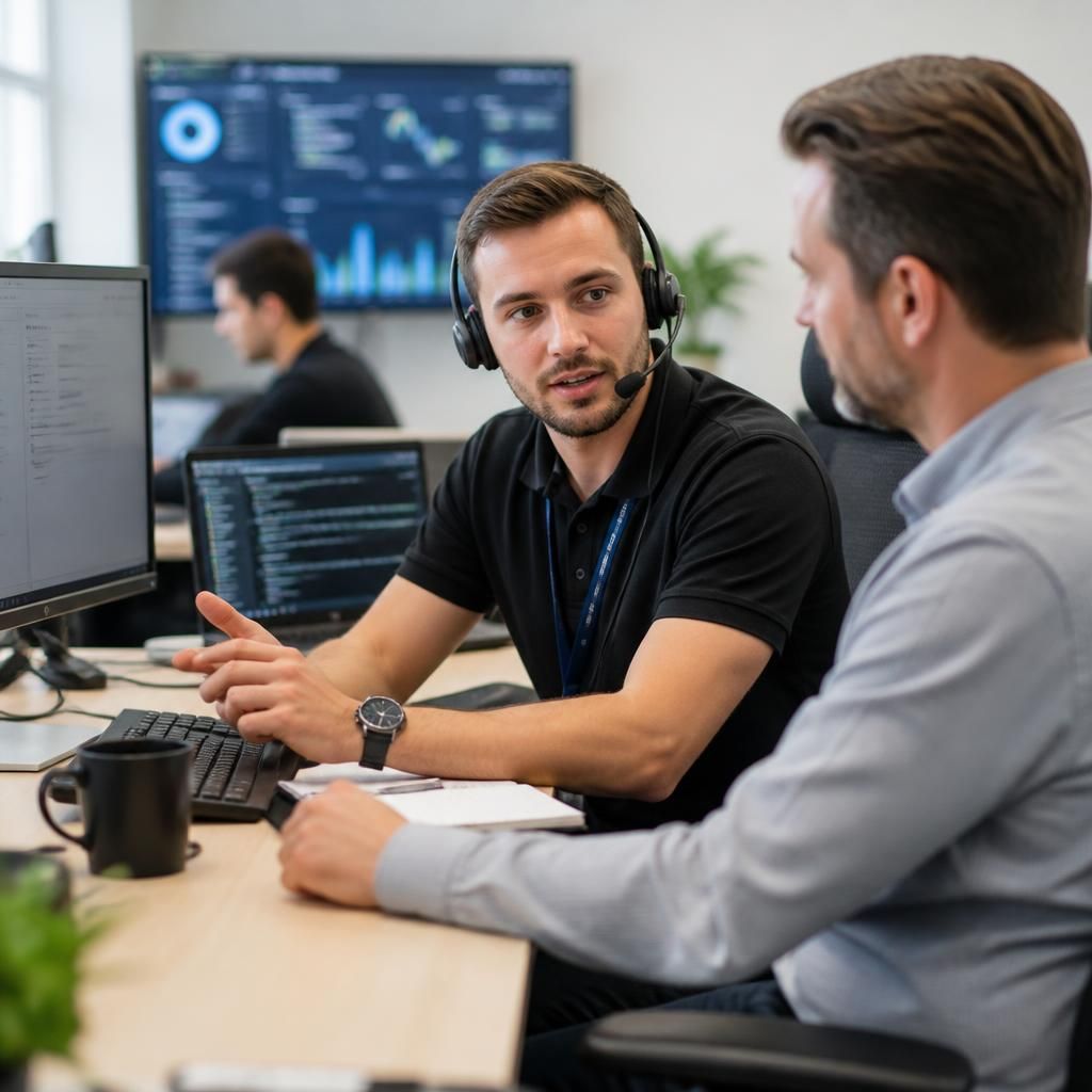 IT support specialist discussing a technical issue with a business client
