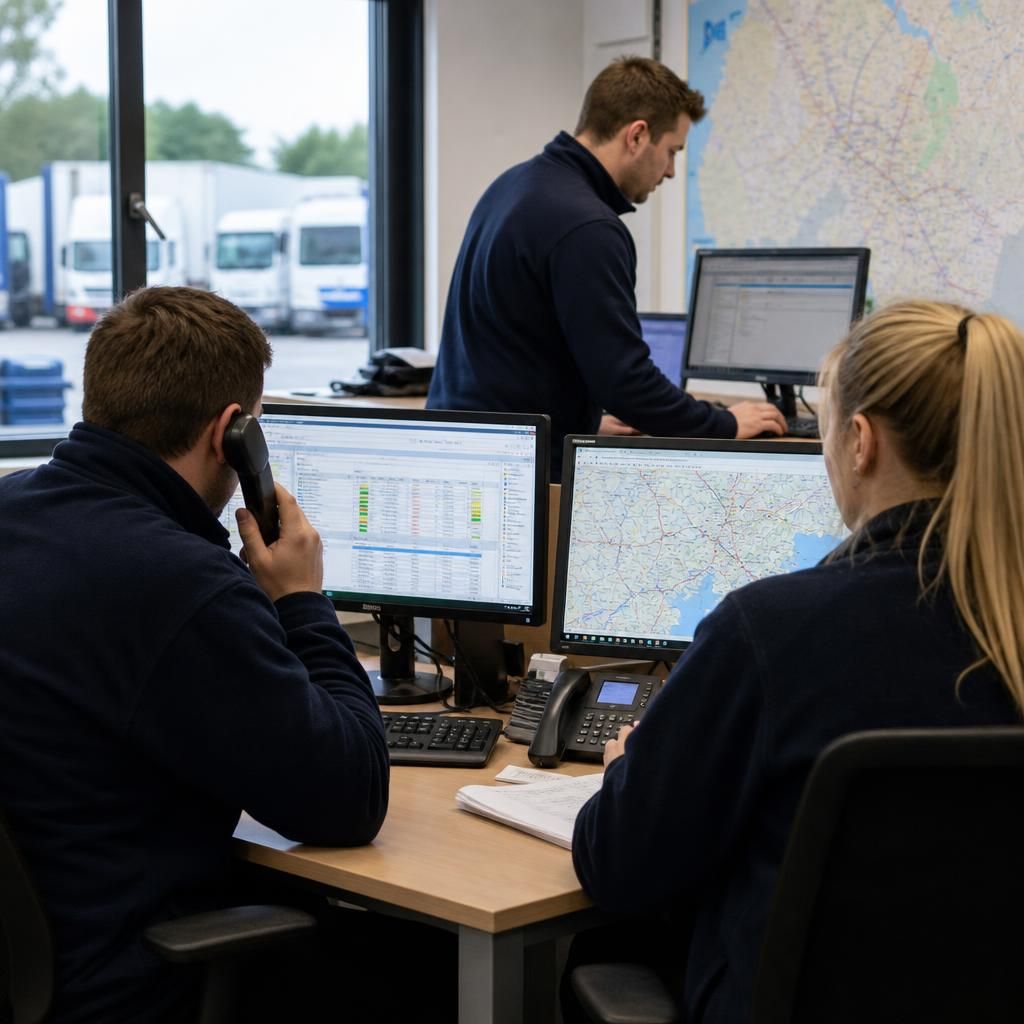 Logistics team coordinating work through business systems