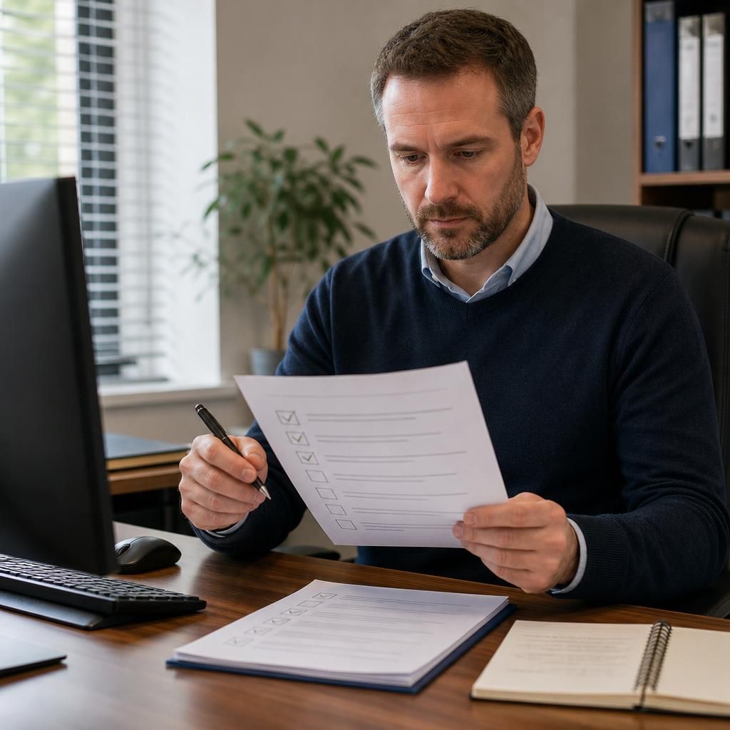 IT administrator reviewing a documented system handover checklist