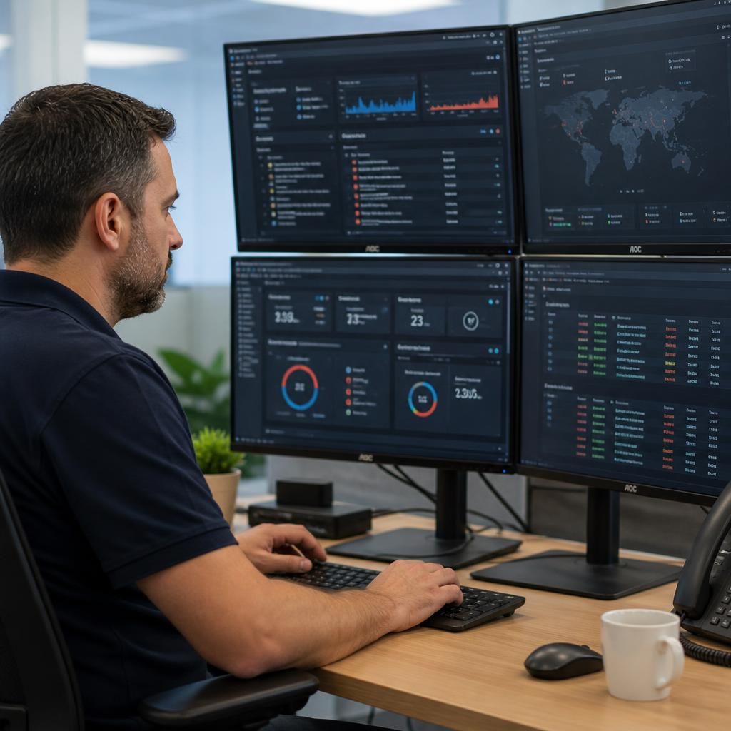 Technician reviewing security alerts and access logs on a monitoring dashboard