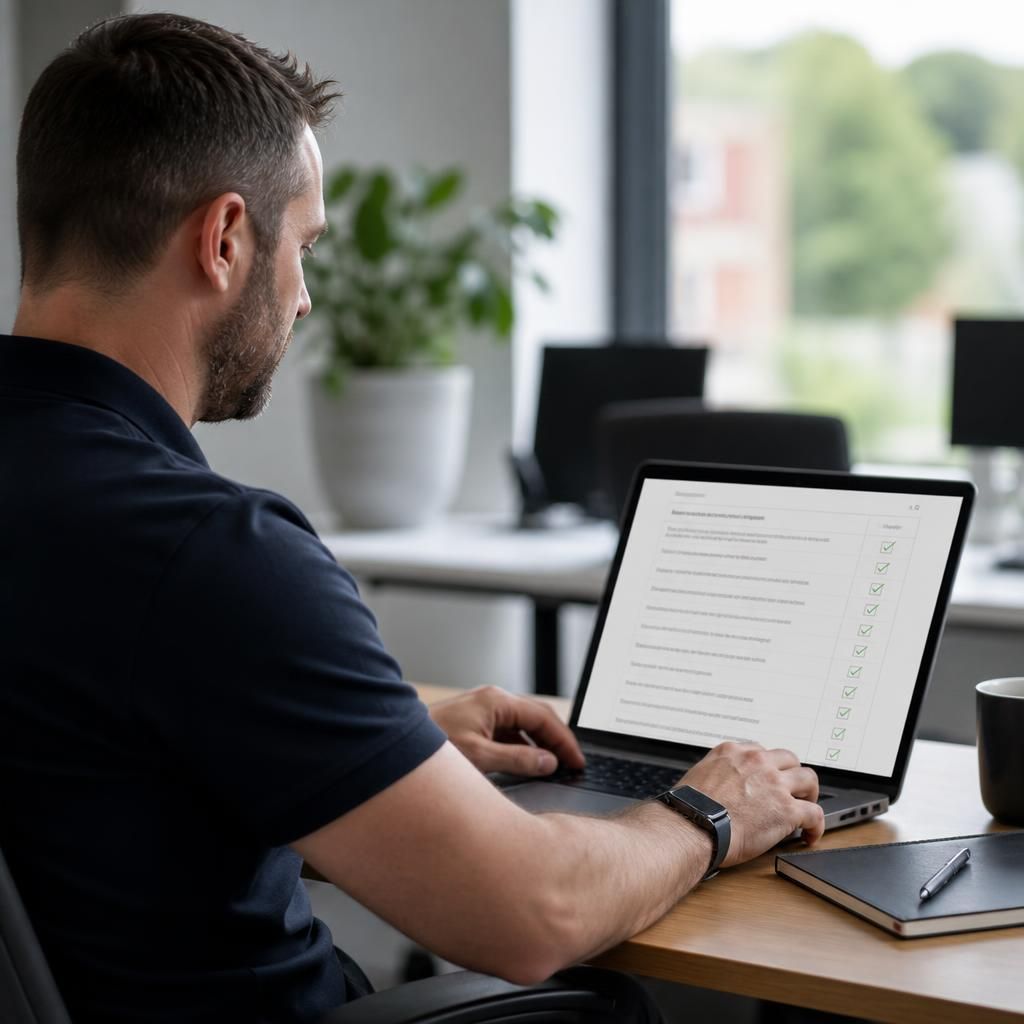 IT professional reviewing a managed support onboarding checklist on a laptop