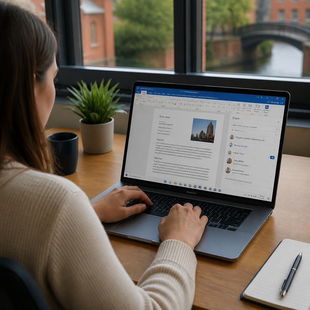 Learner completing a Microsoft 365 document-sharing exercise on a laptop