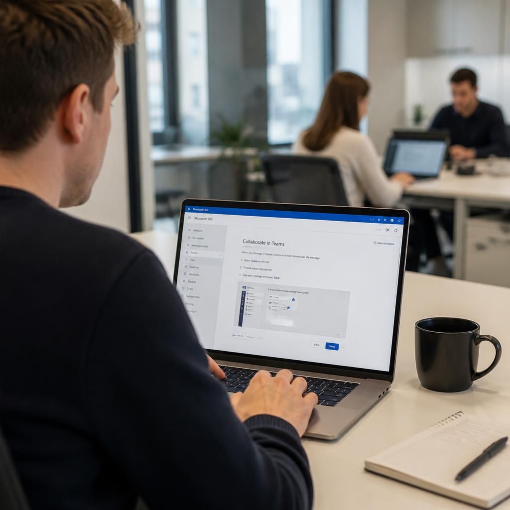 New employee completing a guided Microsoft 365 task on a laptop