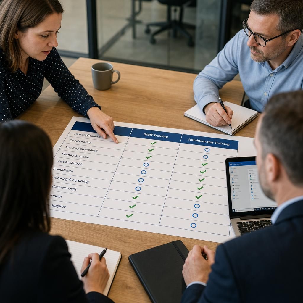 Comparison table showing Microsoft 365 training modules for staff and administrators