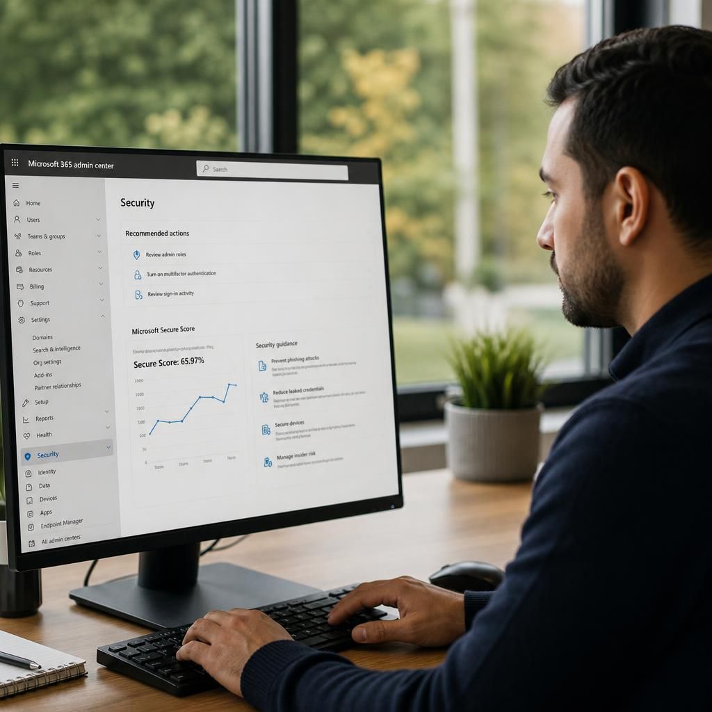Microsoft 365 administrator reviewing security settings in an online management portal