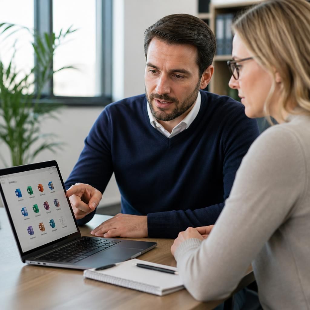Trainer reviewing Microsoft 365 course modules on a laptop with a learner