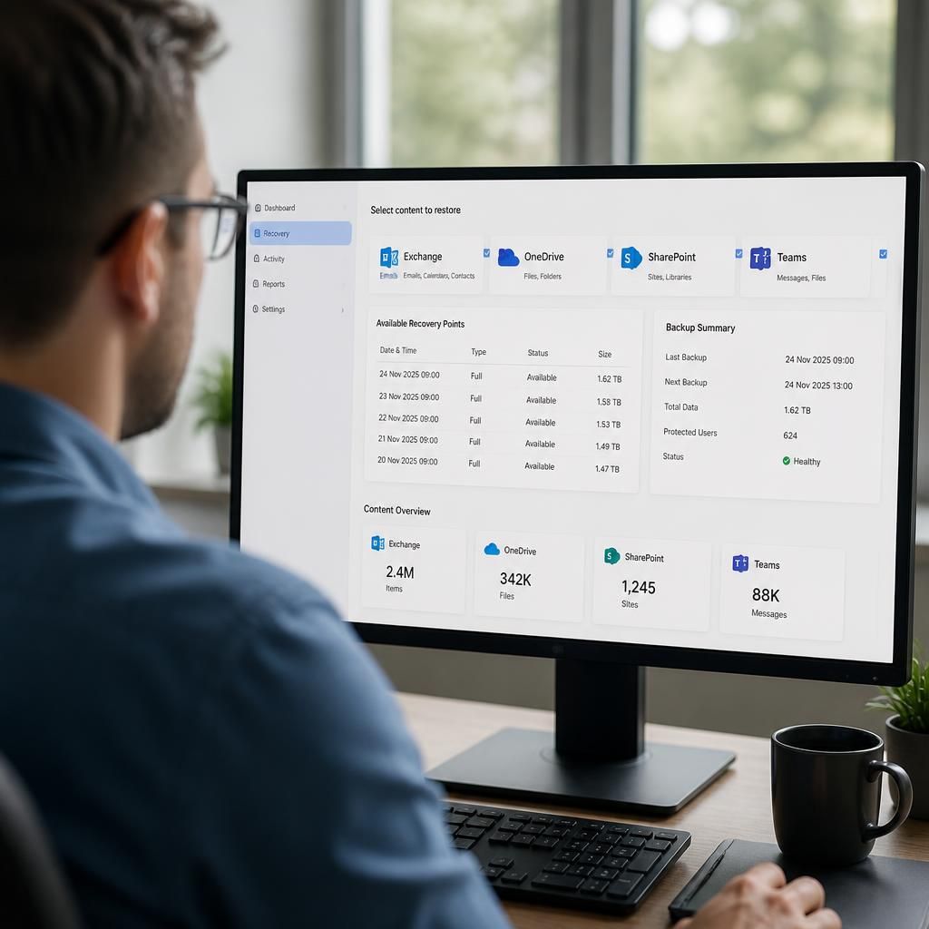 Microsoft 365 Backup recovery dashboard showing emails, files and available recovery points