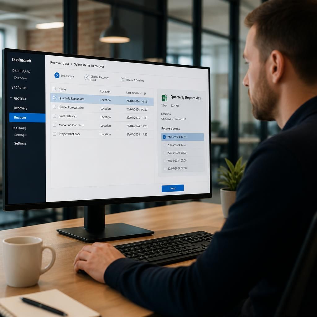 Administrator selecting an individual file and recovery point in a Microsoft 365 backup console