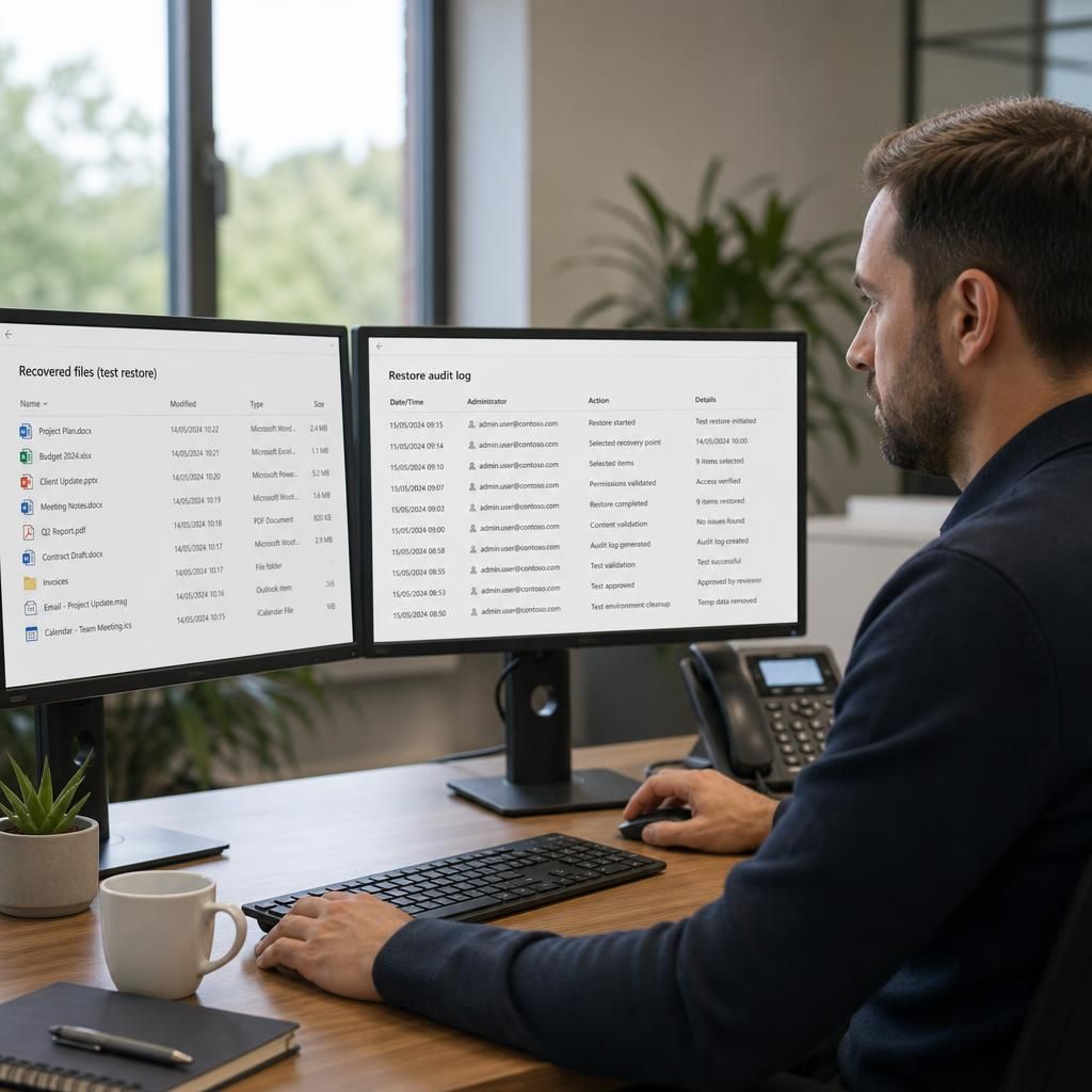 Administrator reviewing a Microsoft 365 backup restore test with recovered files and audit records