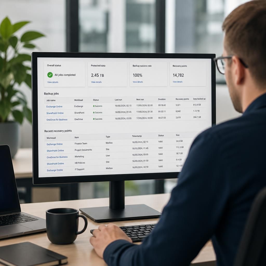 Microsoft 365 backup schedule showing automated recovery points and job status