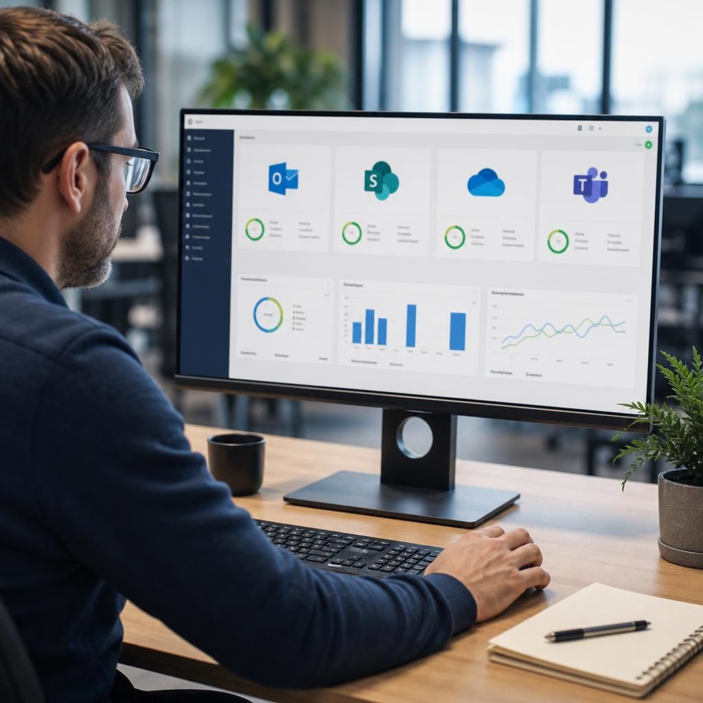 Microsoft 365 backup dashboard showing Exchange Online, SharePoint, OneDrive and Teams workloads