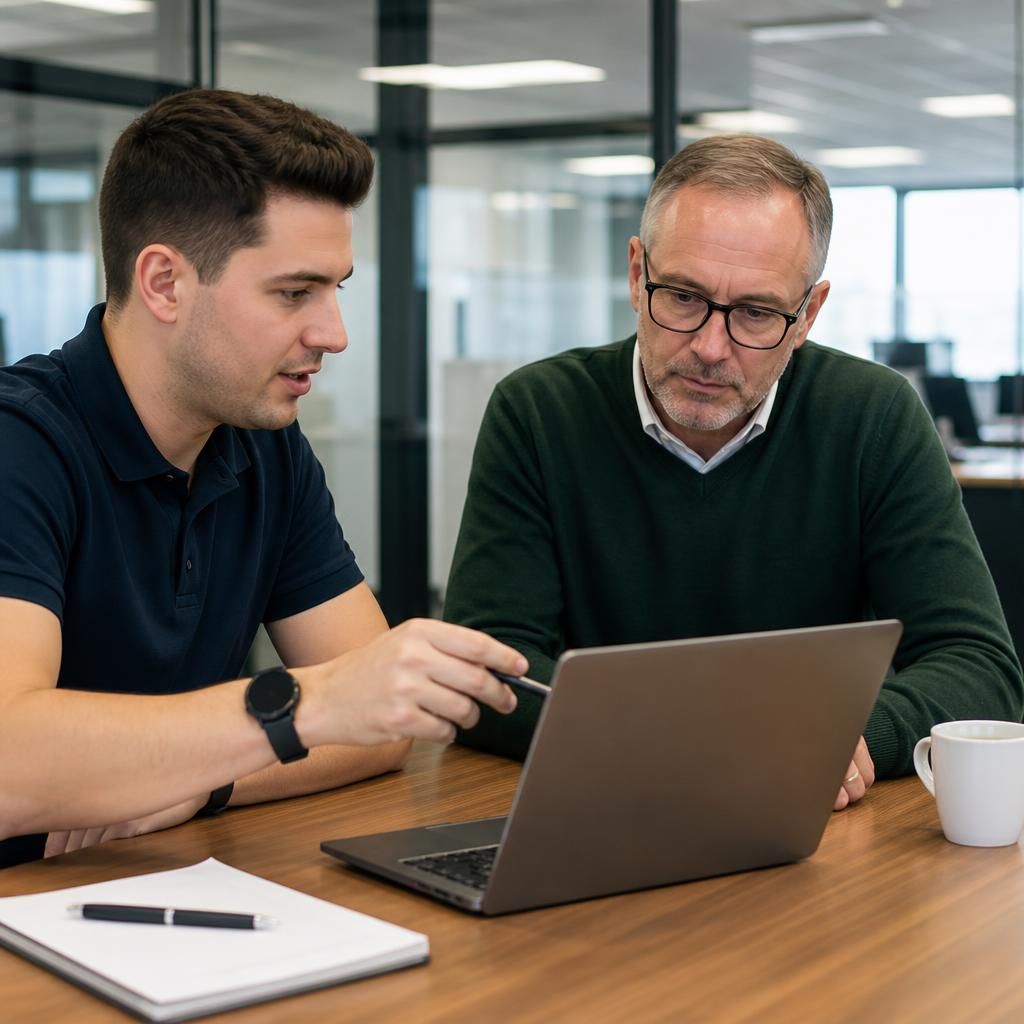 IT consultant discussing a laptop screen with a business client