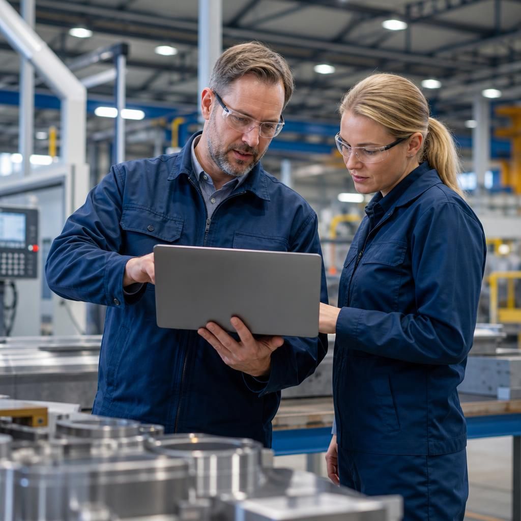 Manufacturing staff reviewing business systems and Microsoft 365 data protection