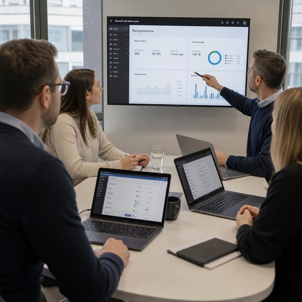 Staff from multiple business sites reviewing Microsoft 365 administration and backup controls