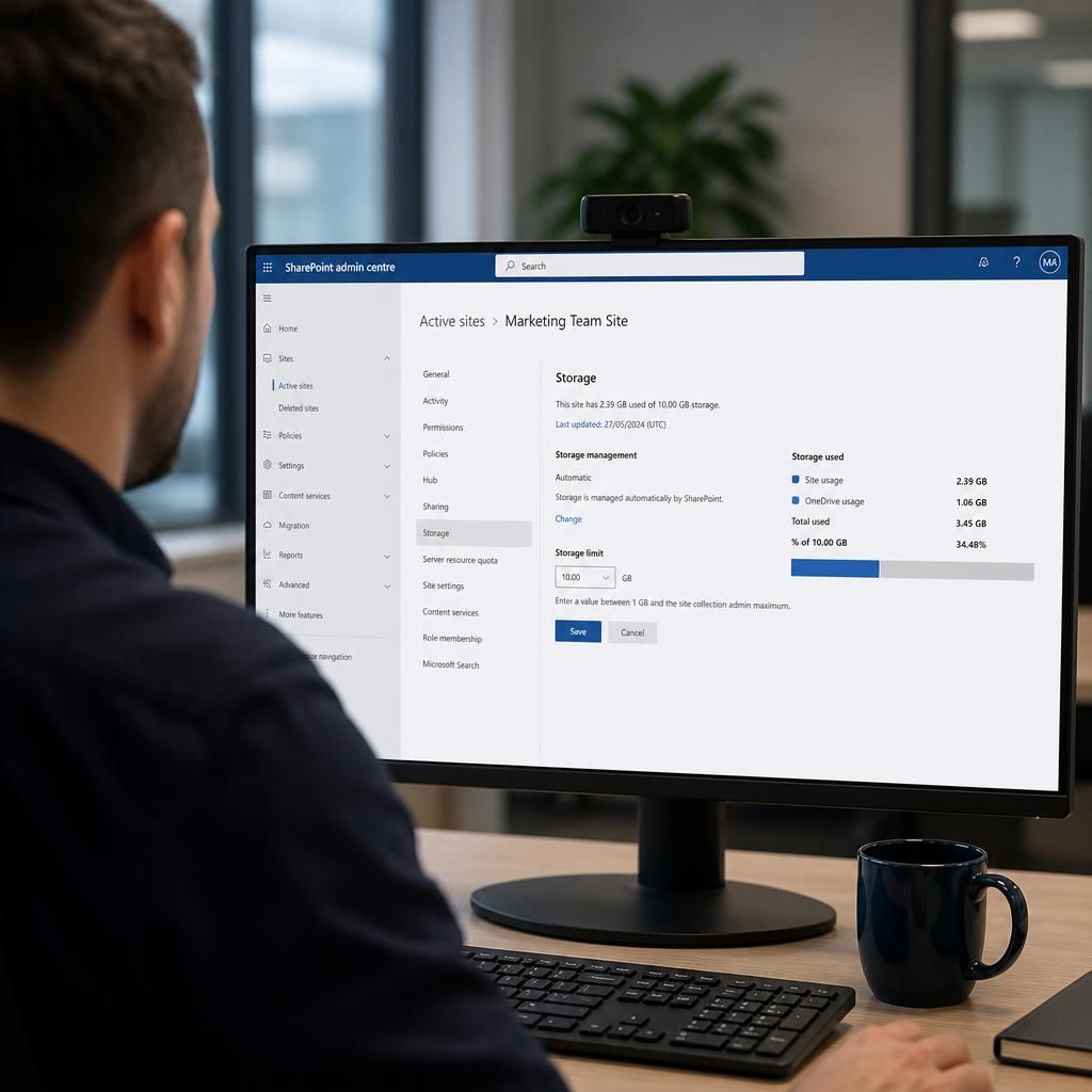 SharePoint admin centre showing storage settings for active sites