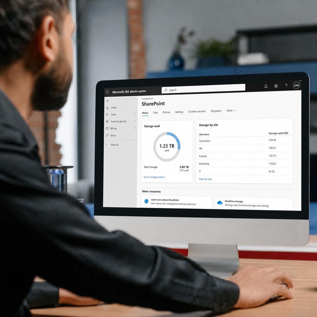 Microsoft 365 admin centre showing SharePoint storage usage by site