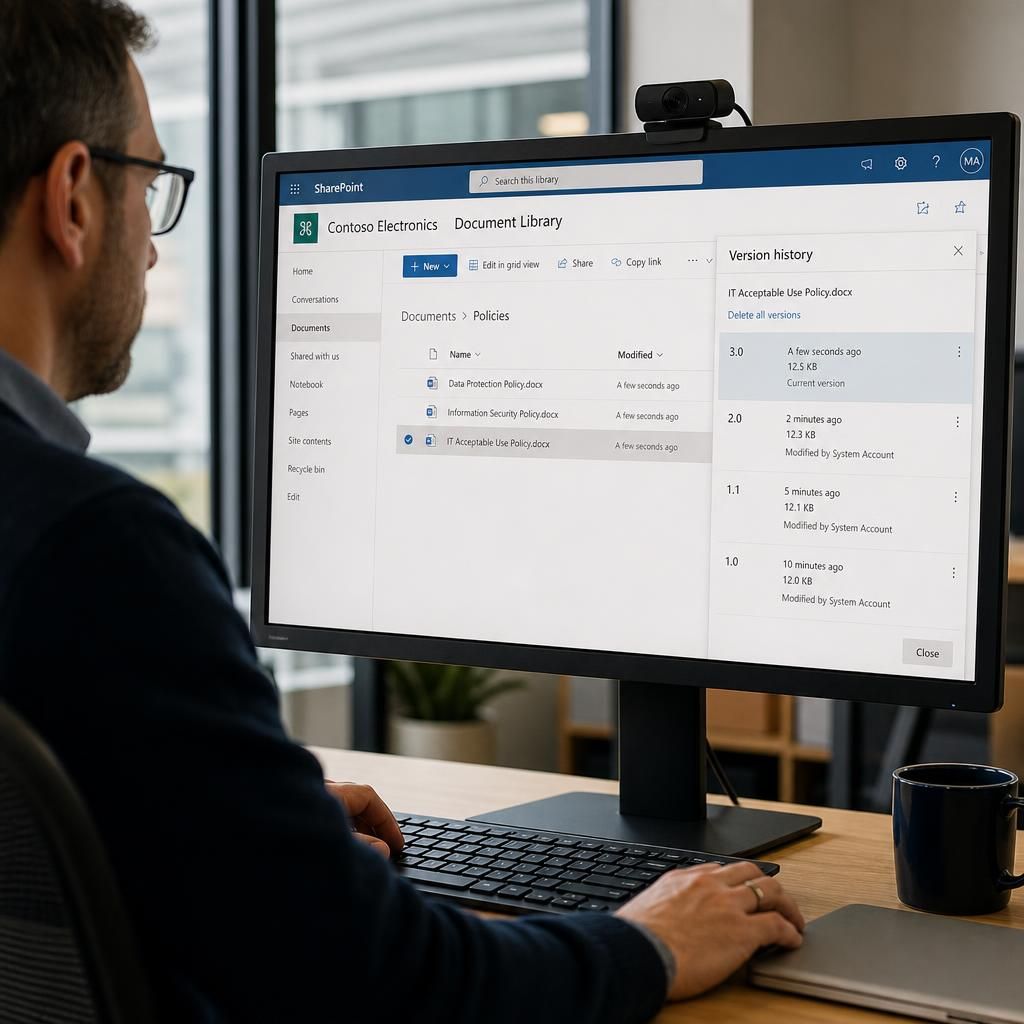 SharePoint document library showing a file's version history panel