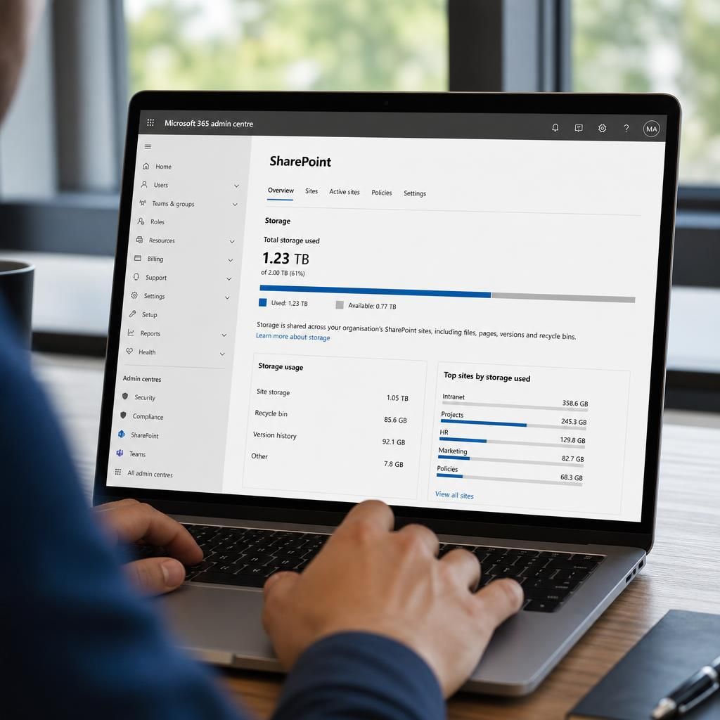 Microsoft 365 admin centre showing SharePoint storage usage and available capacity