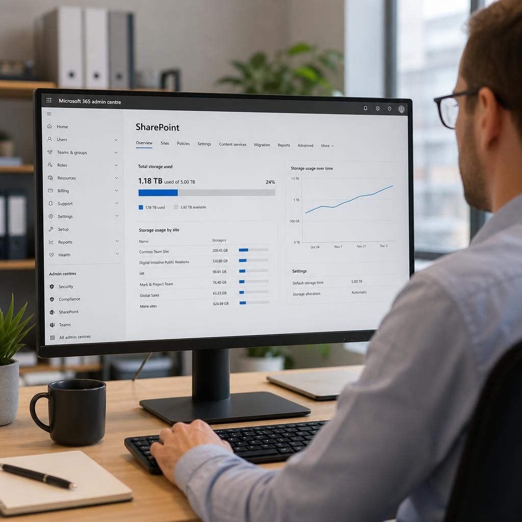 Microsoft 365 admin centre showing SharePoint storage usage across an organisation
