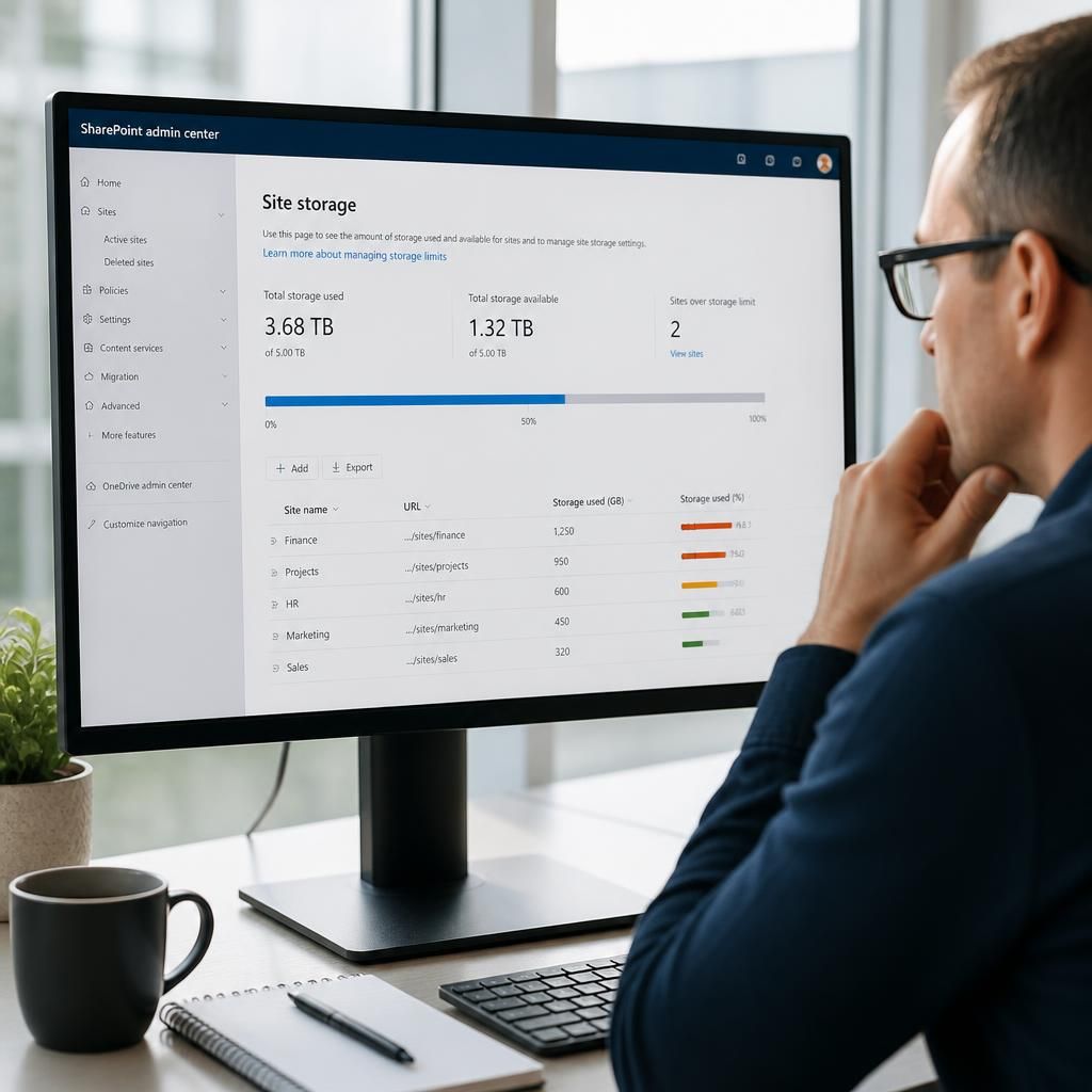 SharePoint storage dashboard showing site capacity and available space