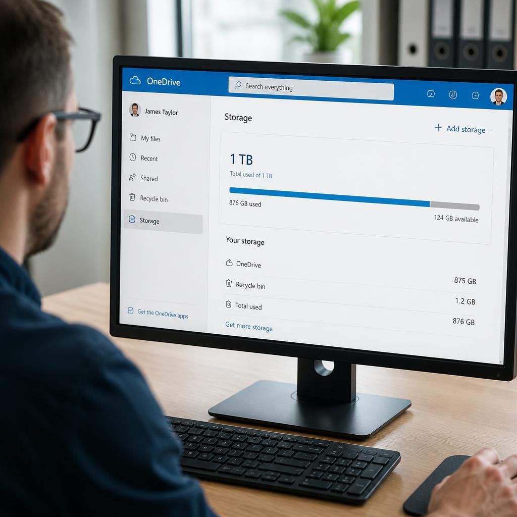 Microsoft 365 OneDrive storage settings showing a user's quota and current usage