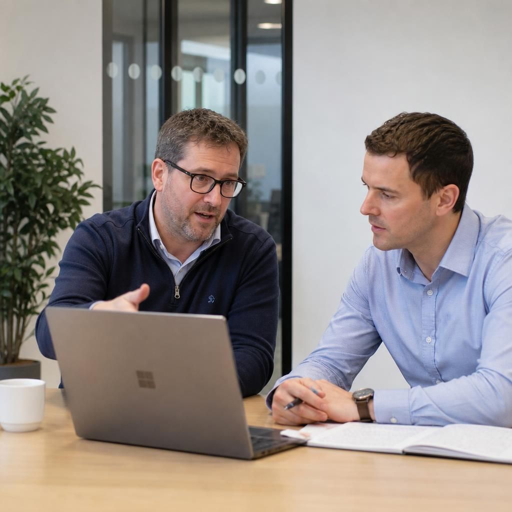 IT consultant discussing Microsoft 365 settings with a business client