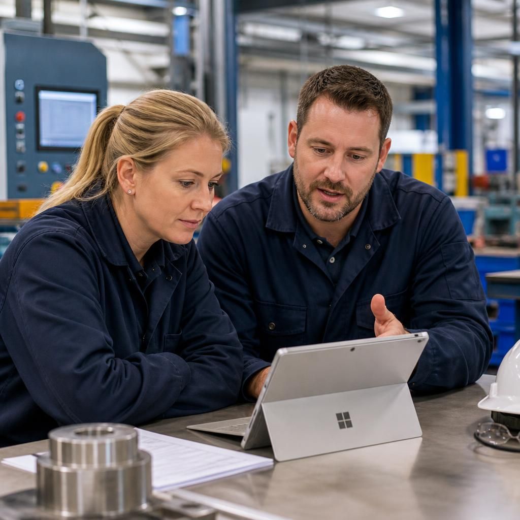 Manufacturing staff reviewing production information on a Microsoft 365 device