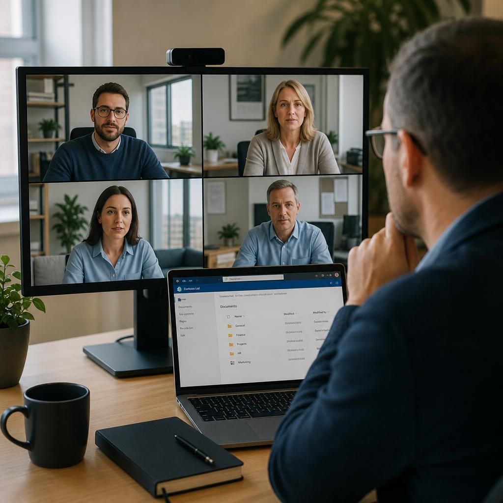 Multi-site business team collaborating through Microsoft 365 across different locations