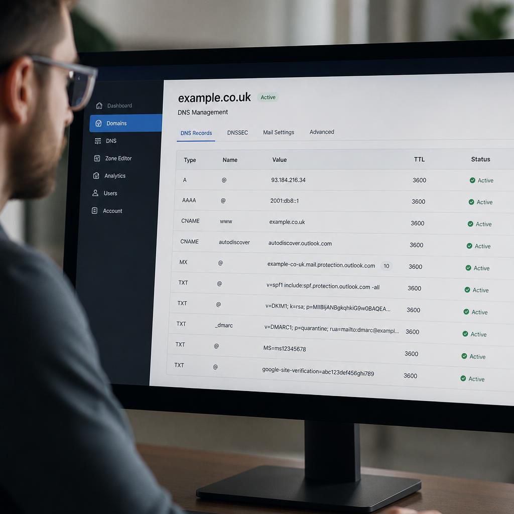 DNS management console showing MX, TXT and CNAME records for a business domain