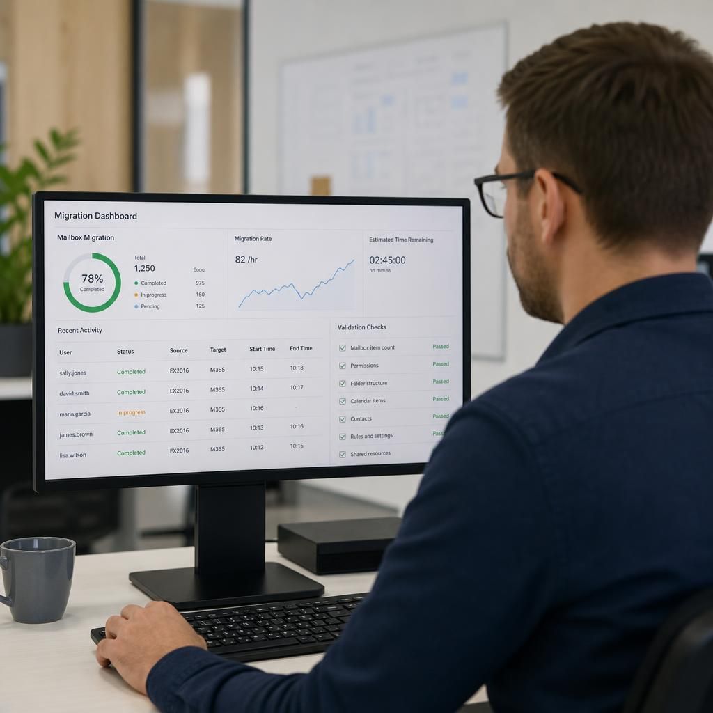 Migration dashboard showing mailbox transfer status and validation checks