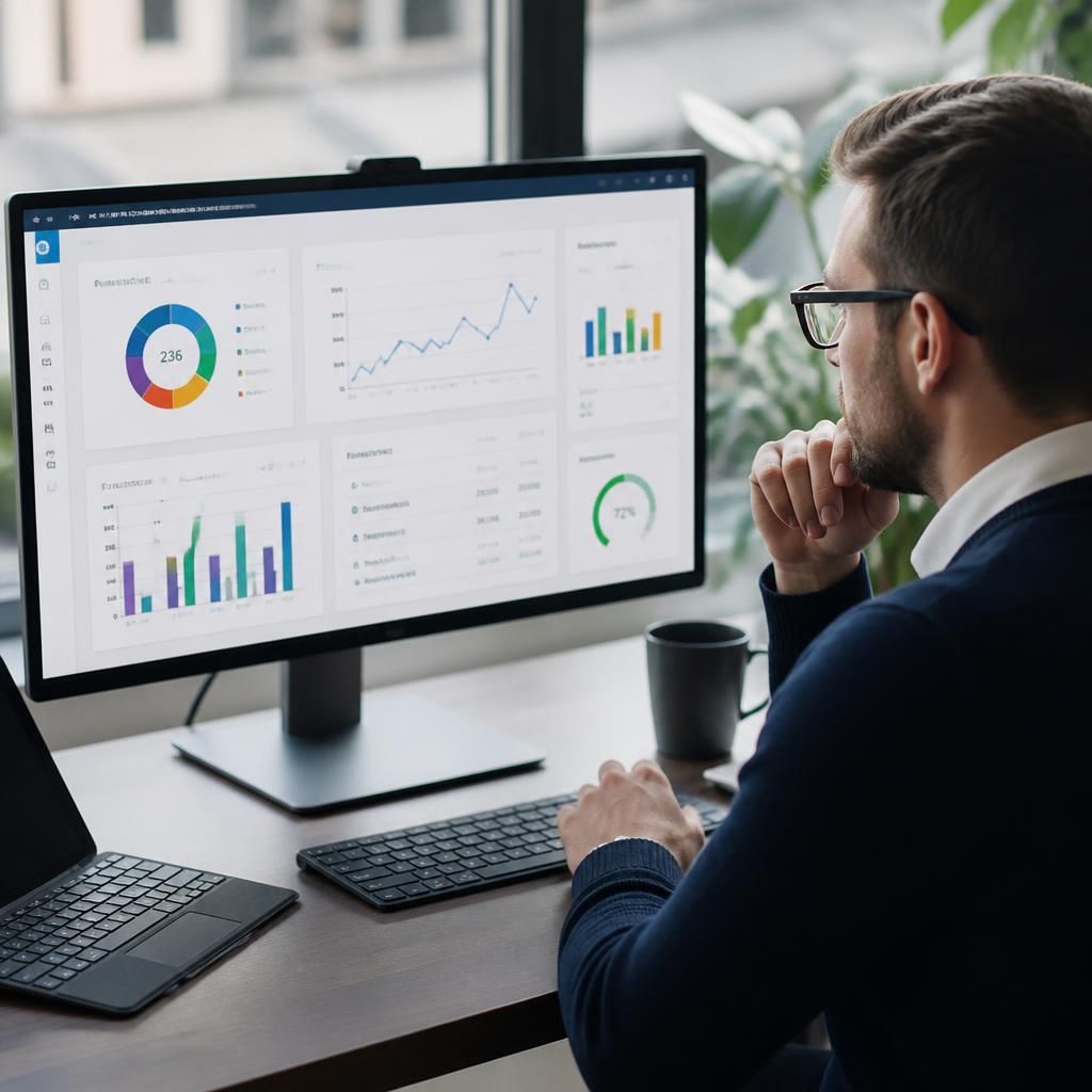 Analyst reviewing Microsoft 365 migration metrics on a dashboard
