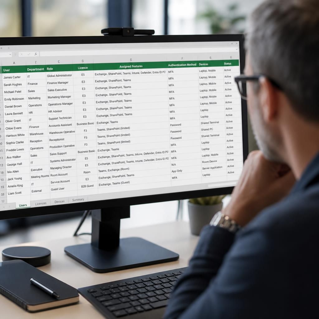 Microsoft 365 licensing spreadsheet showing user roles, subscriptions and assigned features