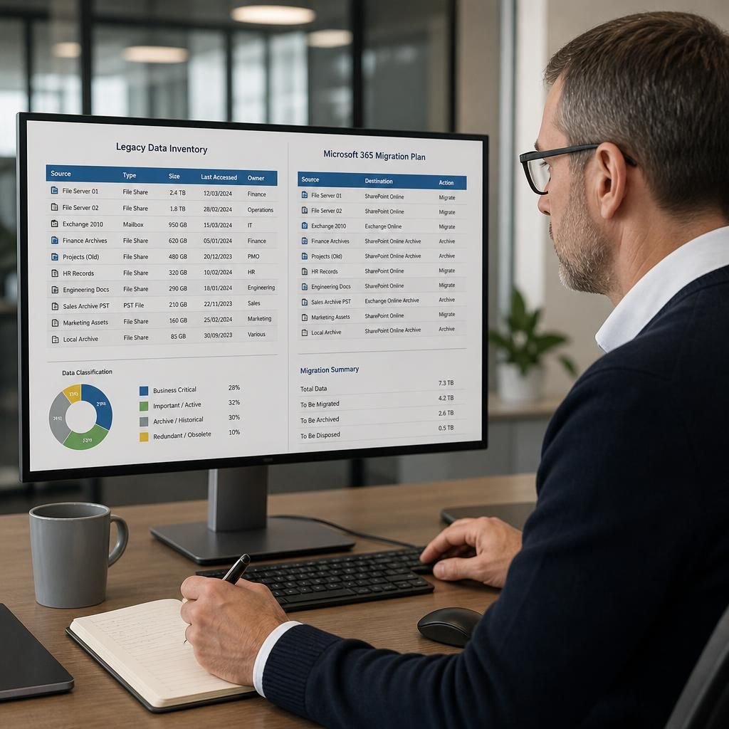 Consultant reviewing a legacy data inventory and Microsoft 365 migration plan on screen