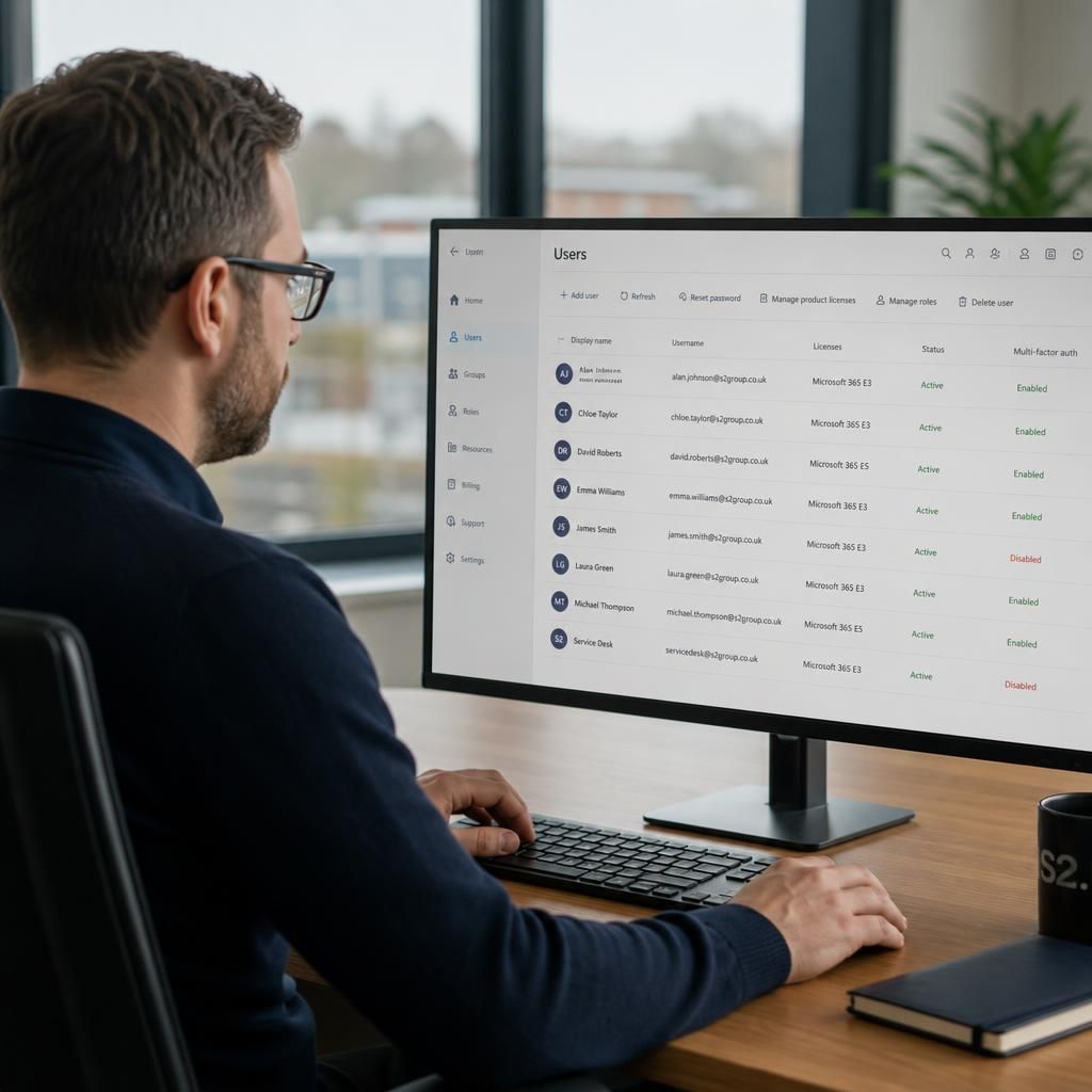 Administrator reviewing user accounts and access settings in Microsoft 365