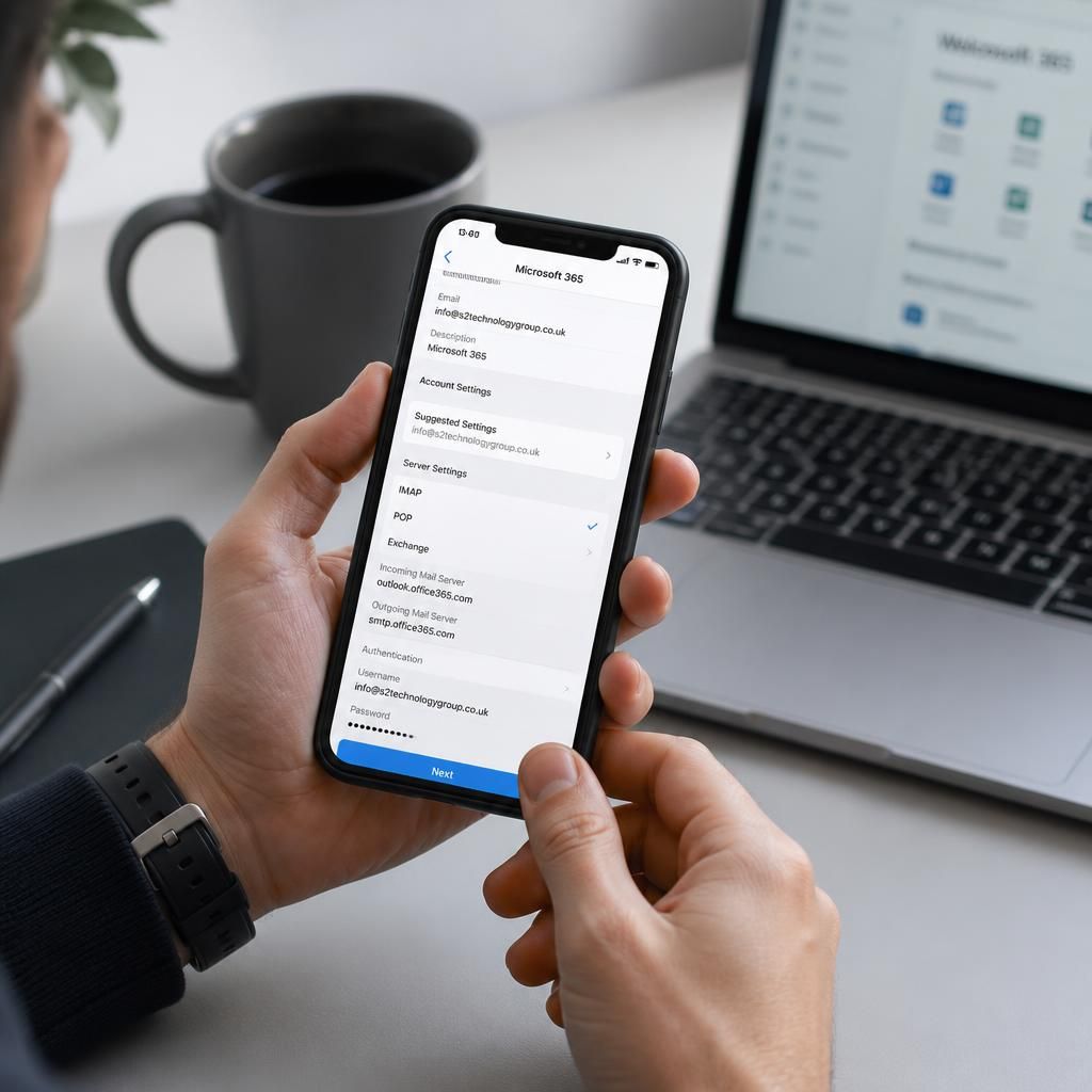 Mobile phone displaying Microsoft 365 email account settings during migration
