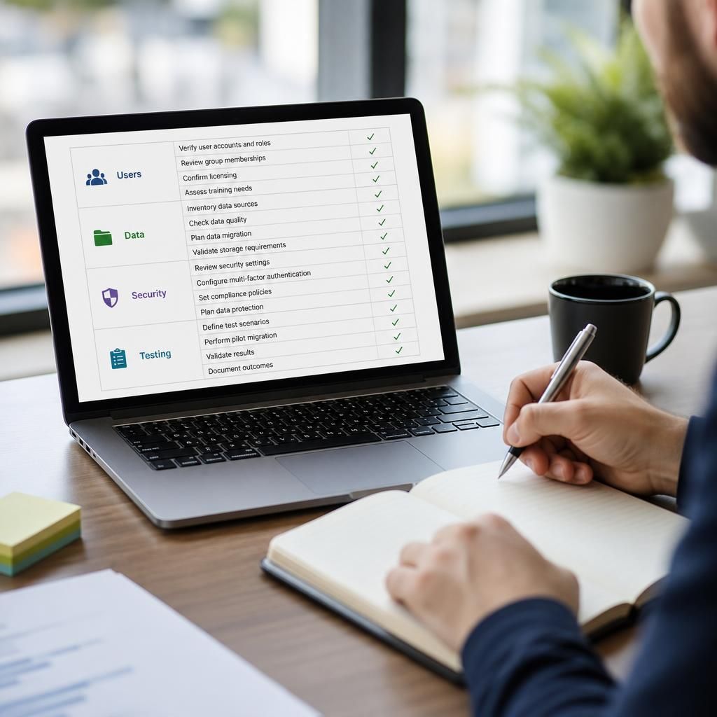 Microsoft 365 migration checklist with tasks for users, data, security and testing