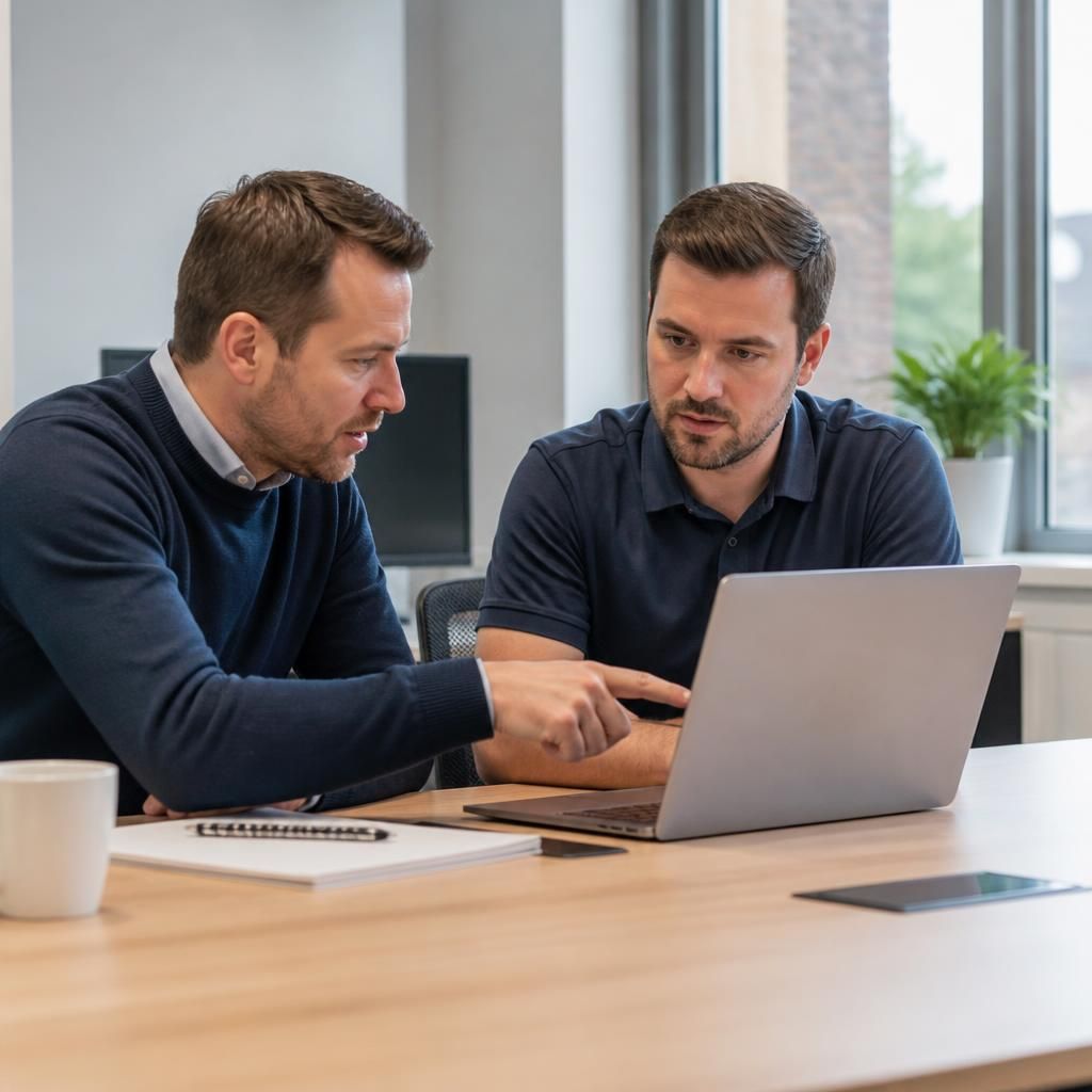 IT specialists discussing a Microsoft 365 migration at a desk
