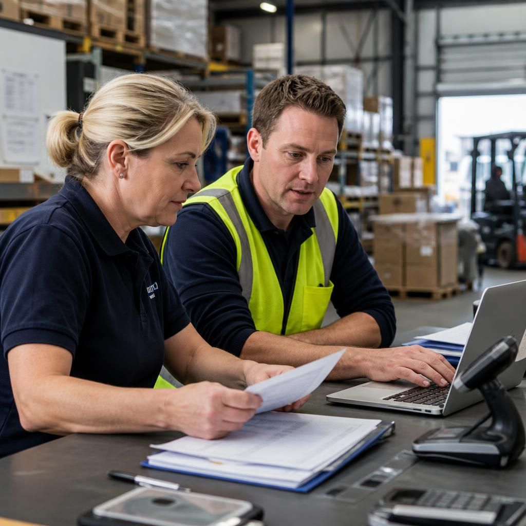 Logistics staff reviewing files and communications during a Microsoft 365 migration