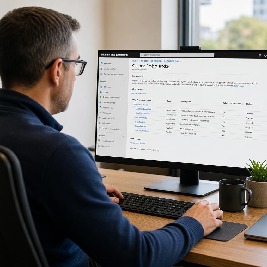 Administrator reviewing an application’s requested Microsoft 365 permissions