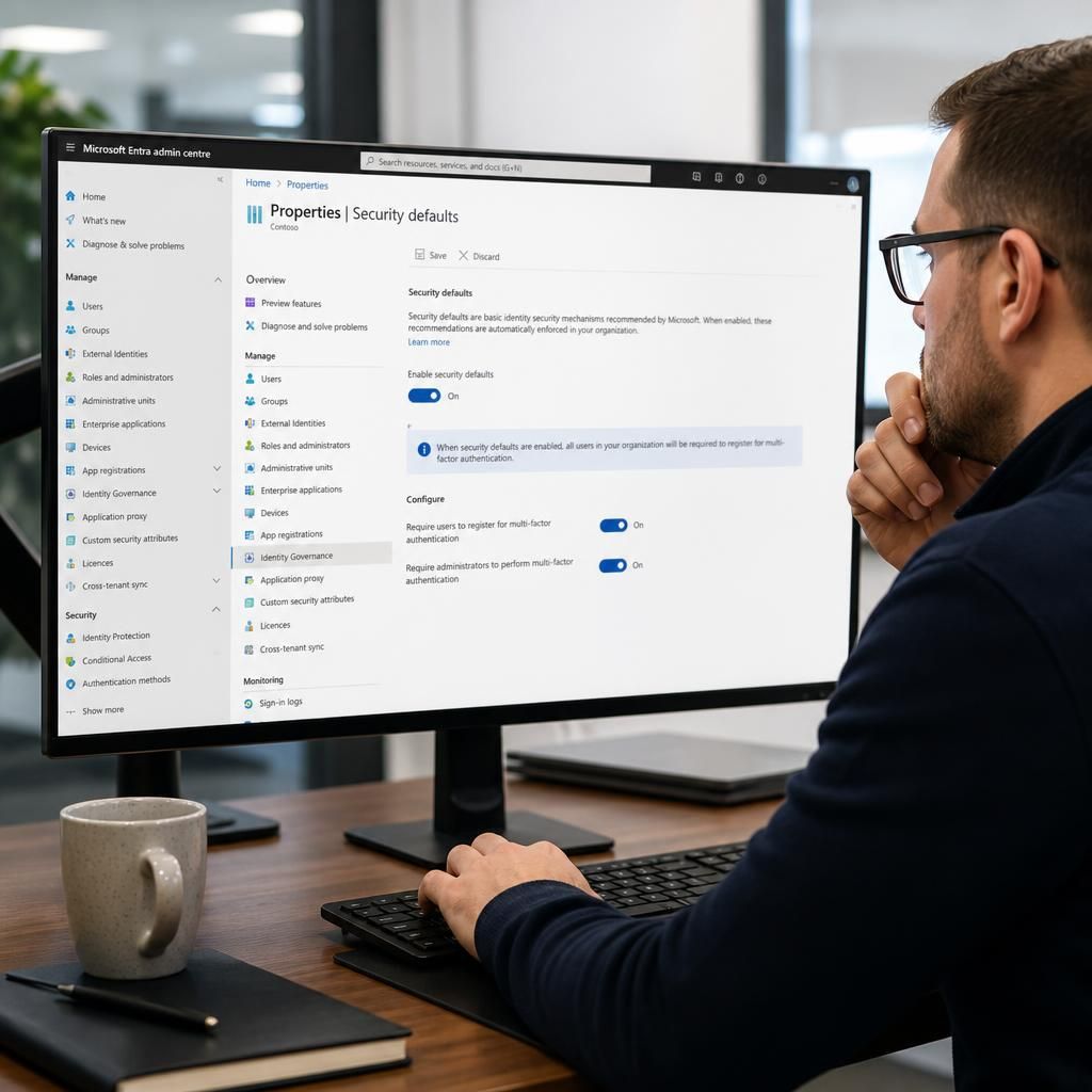 Microsoft Entra admin centre showing the security defaults setting and tenant configuration options