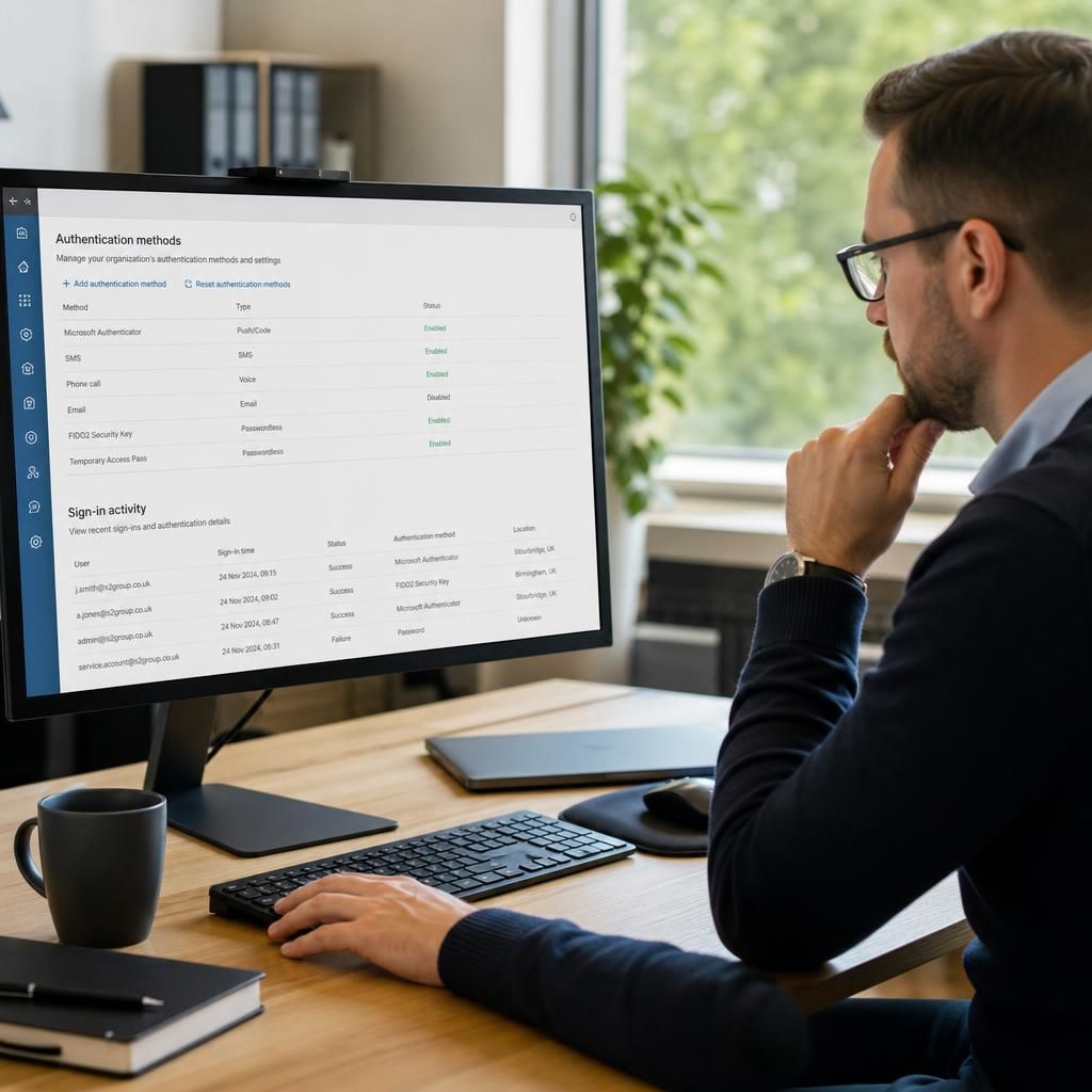 Microsoft 365 administrator reviewing authentication methods and sign-in records