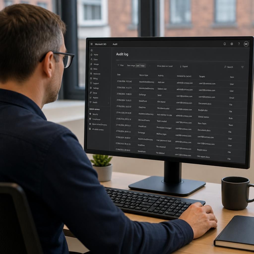 Administrator reviewing Microsoft 365 audit log activity on a computer screen